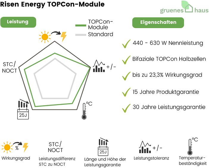 Risen Energy Solarmodule Test - TOPCon-Module Infografik: Leistung und Eigenschaften von neuem Solarmodul Risen Energy Solarmodule Test - TOPCon-Module