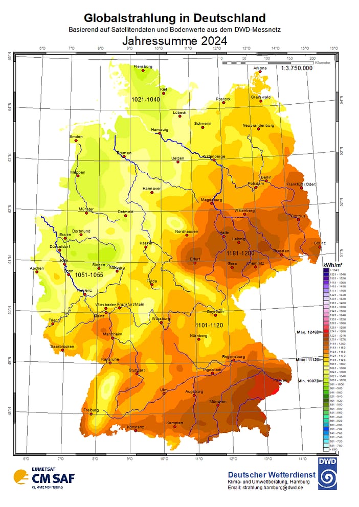Globalstrahlungskarte Deutschland 2024 Karte mit der Globalstrahlung in Deutschland vom Deutschen Wetterdienst in der Jahressumme 2024